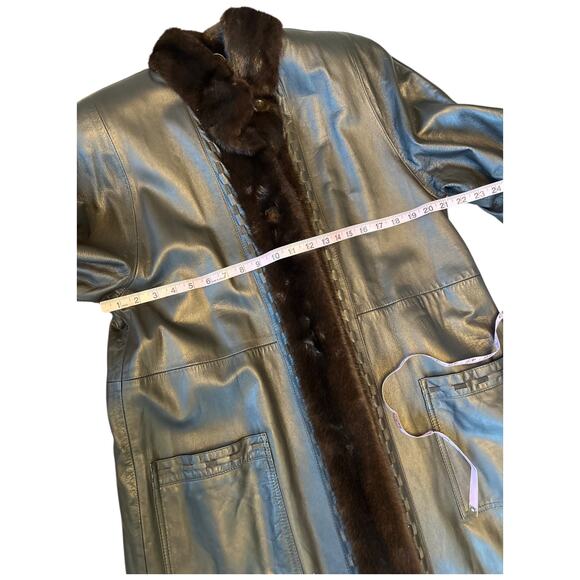 EUC Deep Brown Leather Maxi Coat With Mink Trim Whipstitch Detail Fits Wmns M/L - Picture 7 of 12